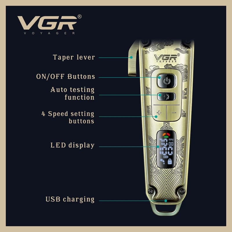 Акумуляторна машника для стриження (clipper) VGR V-005, 8 насадок, LED display — фото 5
