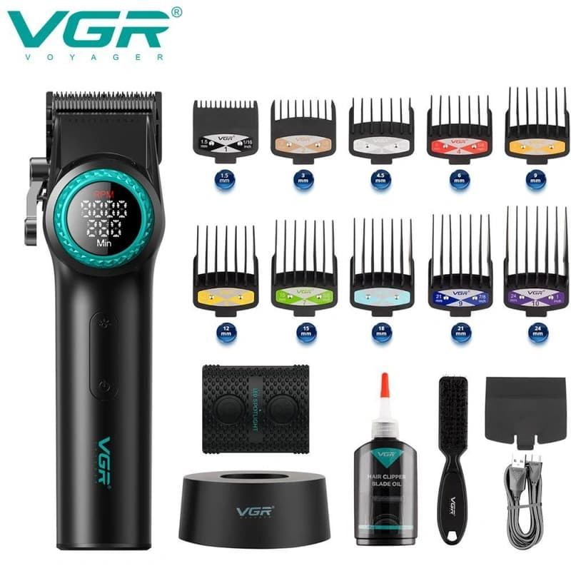 Акумуляторна машинка для стриження (clipper) VGR V-001 BLACK, 10 насадок, 9000 RPM, 4600 mAh, LED light, LED display — фото 1