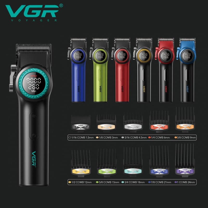 Акумуляторна машинка для стриження (clipper) VGR V-001 BLACK, 10 насадок, 9000 RPM, 4600 mAh, LED light, LED display — фото 2
