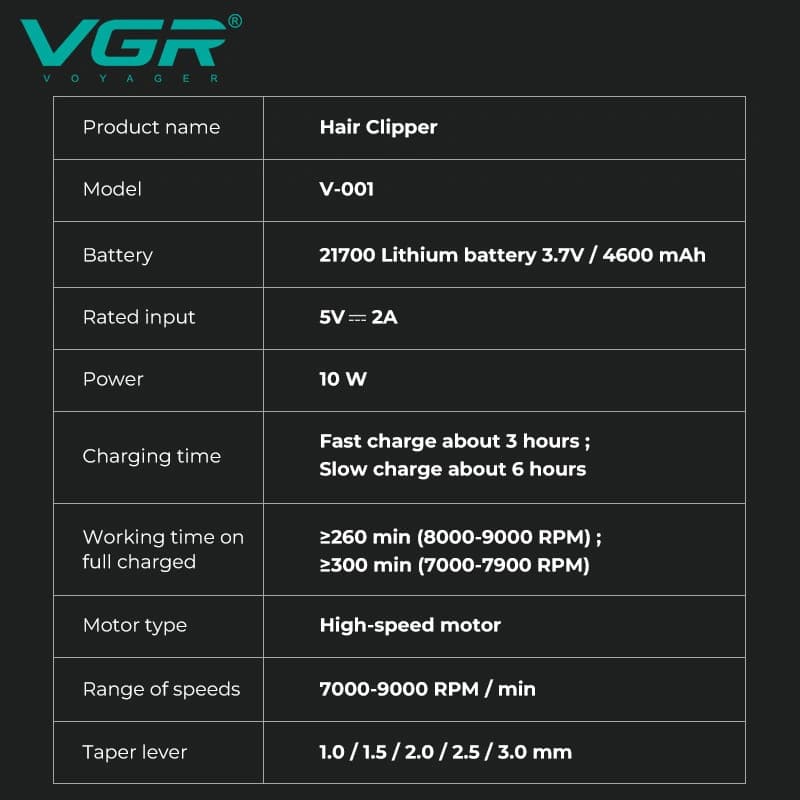 Акумуляторна машинка для стриження (clipper) VGR V-001 BLACK, 10 насадок, 9000 RPM, 4600 mAh, LED light, LED display — фото 4