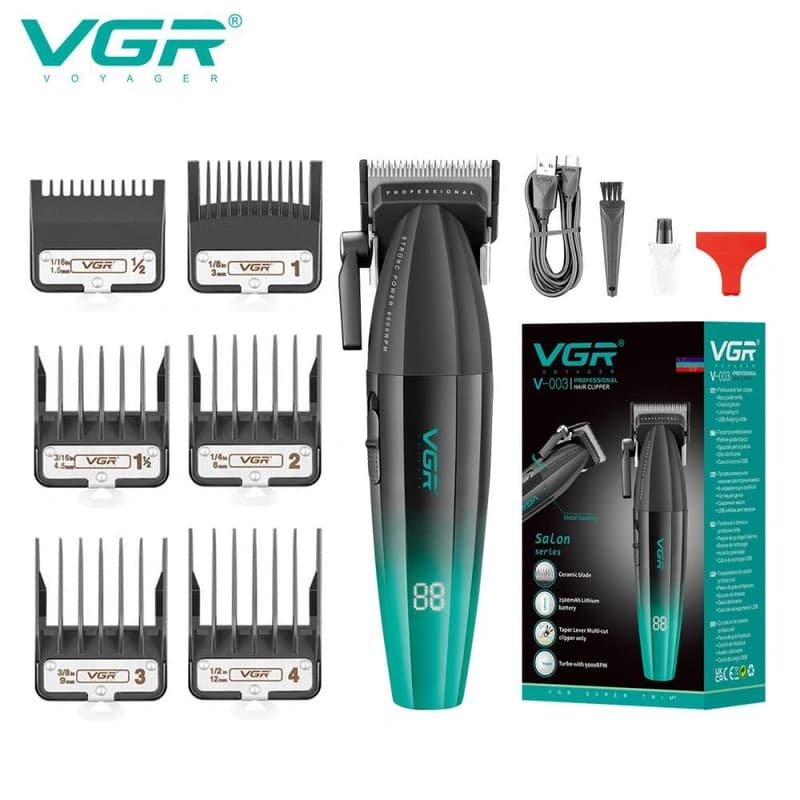 Акумуляторна машинка для стриження (clipper) VGR V-003 GREEN, 6 насадок, TURBO режим 9000 RPM, керамічне лезо, LED display — фото 1
