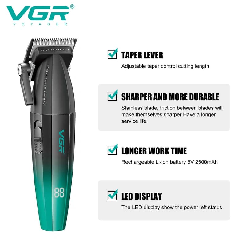 Акумуляторна машинка для стриження (clipper) VGR V-003 GREEN, 6 насадок, TURBO режим 9000 RPM, керамічне лезо, LED display — фото 3