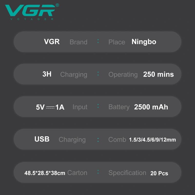 Акумуляторна машинка для стриження (clipper) VGR V-003 GREEN, 6 насадок, TURBO режим 9000 RPM, керамічне лезо, LED display — фото 5