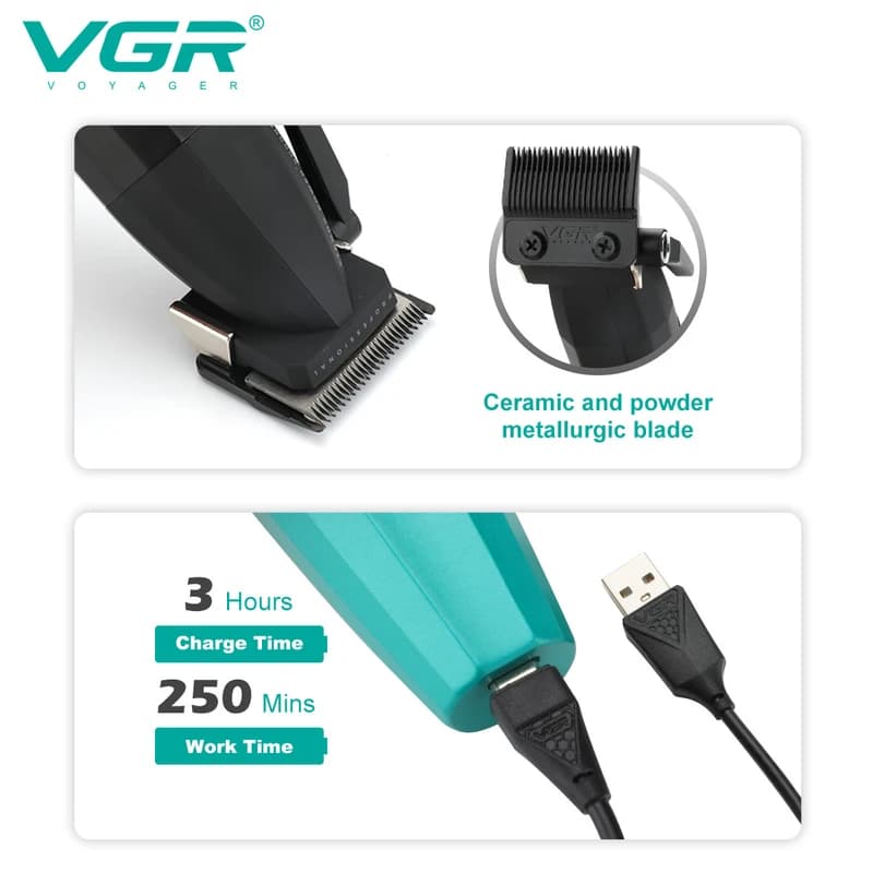Акумуляторна машинка для стриження (clipper) VGR V-003 GREEN, 6 насадок, TURBO режим 9000 RPM, керамічне лезо, LED display — фото 6