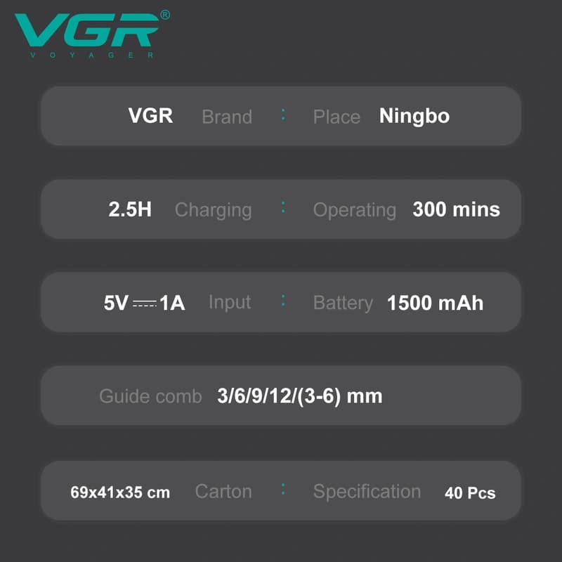 Набір для стриження VGR 5 в 1 V-111, 9 насадок, LED display — фото 5