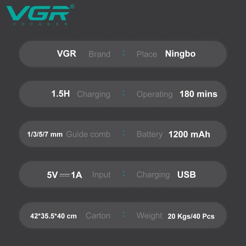 Тример VGR 2 в 1 V-949, триммер та триммер для носа, 4 насадки, IPX6, LED display — фото 4
