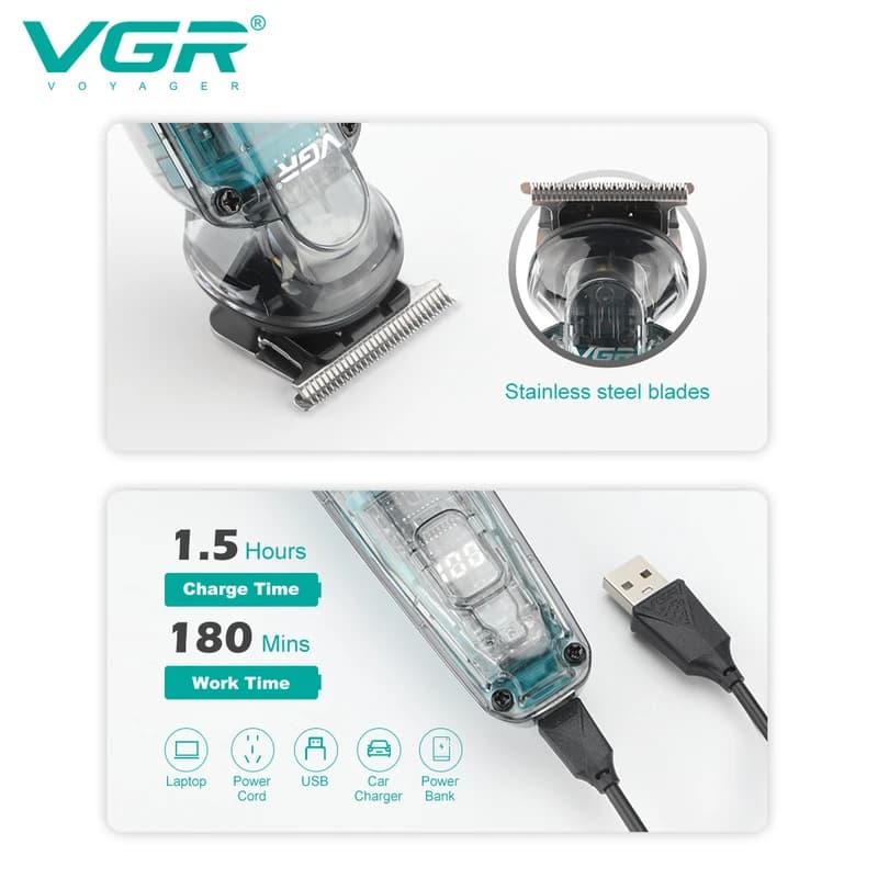Тример VGR 2 в 1 V-949, триммер та триммер для носа, 4 насадки, IPX6, LED display — фото 5