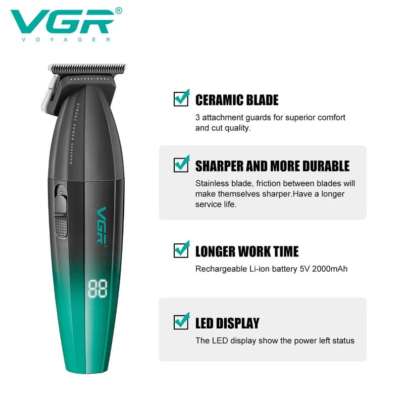 Тример VGR V-906 GREEN, 3 насадки, керамічне лезо, TURBO режим 9000 RPM, LED display — фото 5