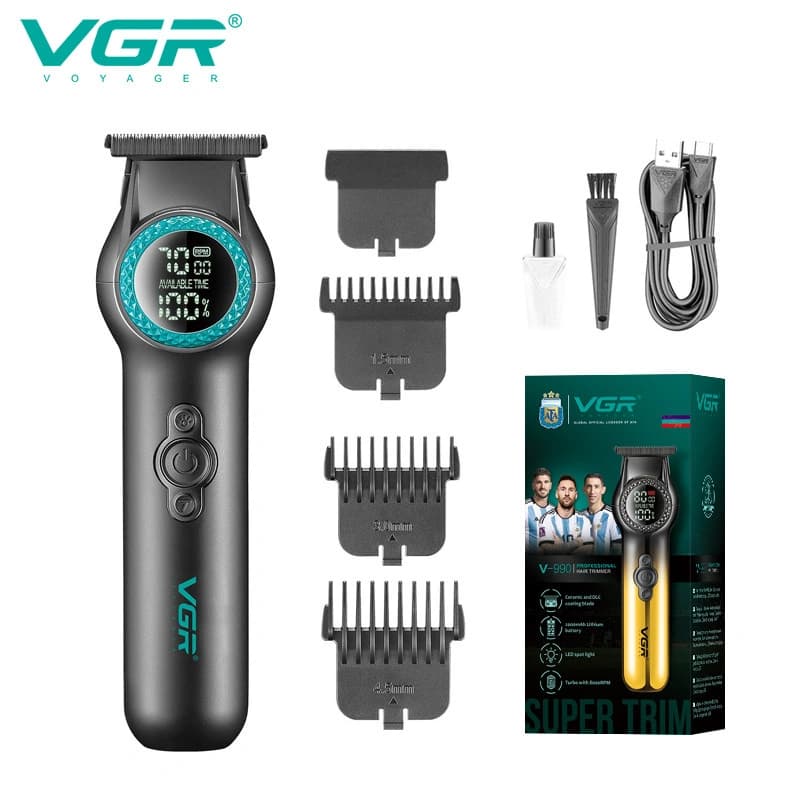Тример VGR V-990 GREEN, 3 насадки, керамічне лезо, TURBO режим, регулювання потужності 7000-8000 RPM, LED light, LED display — фото 1