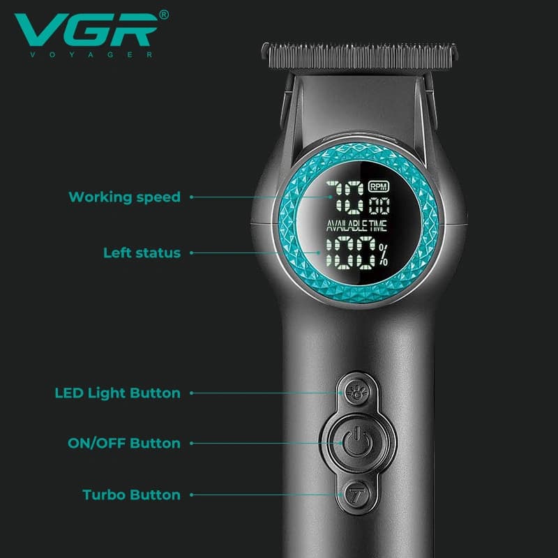 Тример VGR V-990 GREEN, 3 насадки, керамічне лезо, TURBO режим, регулювання потужності 7000-8000 RPM, LED light, LED display — фото 3