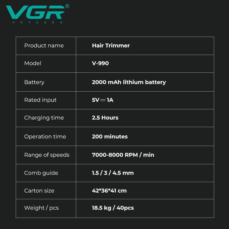Тример VGR V-990 GREEN, 3 насадки, керамічне лезо, TURBO режим, регулювання потужності 7000-8000 RPM, LED light, LED display — фото 4