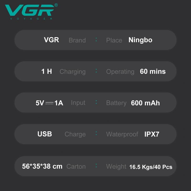 Електробритва VGR 3 в 1 V-303, 3 насадки, IPX7, LED display — фото 4