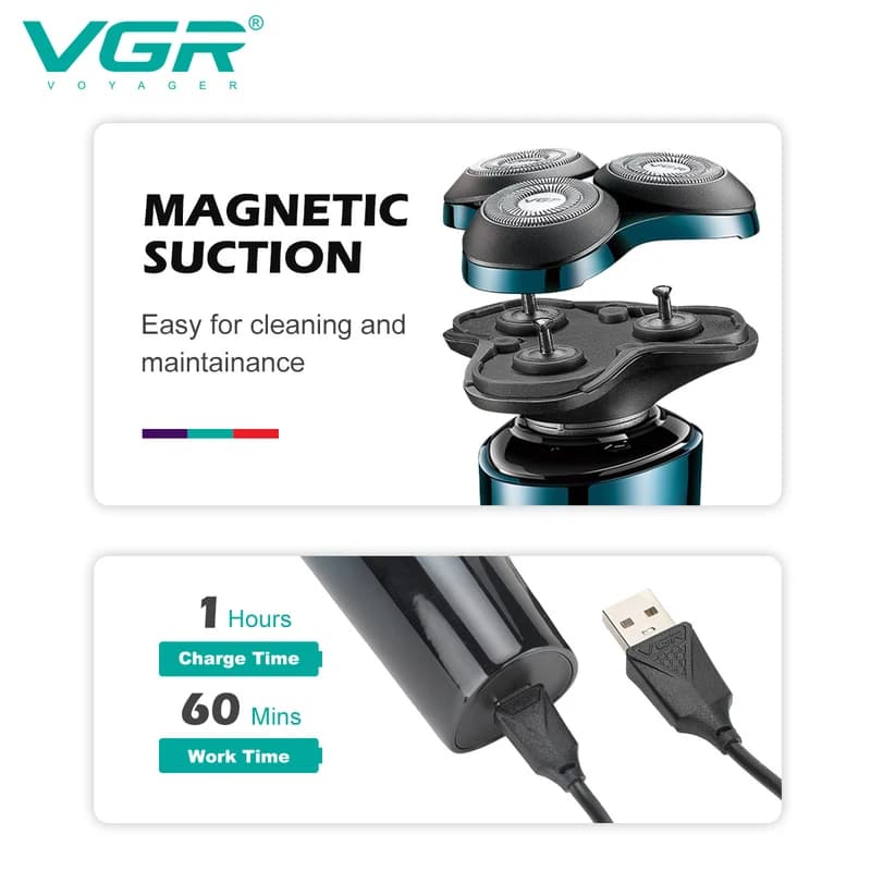 Електробритва VGR 3 в 1 V-303, 3 насадки, IPX7, LED display — фото 6