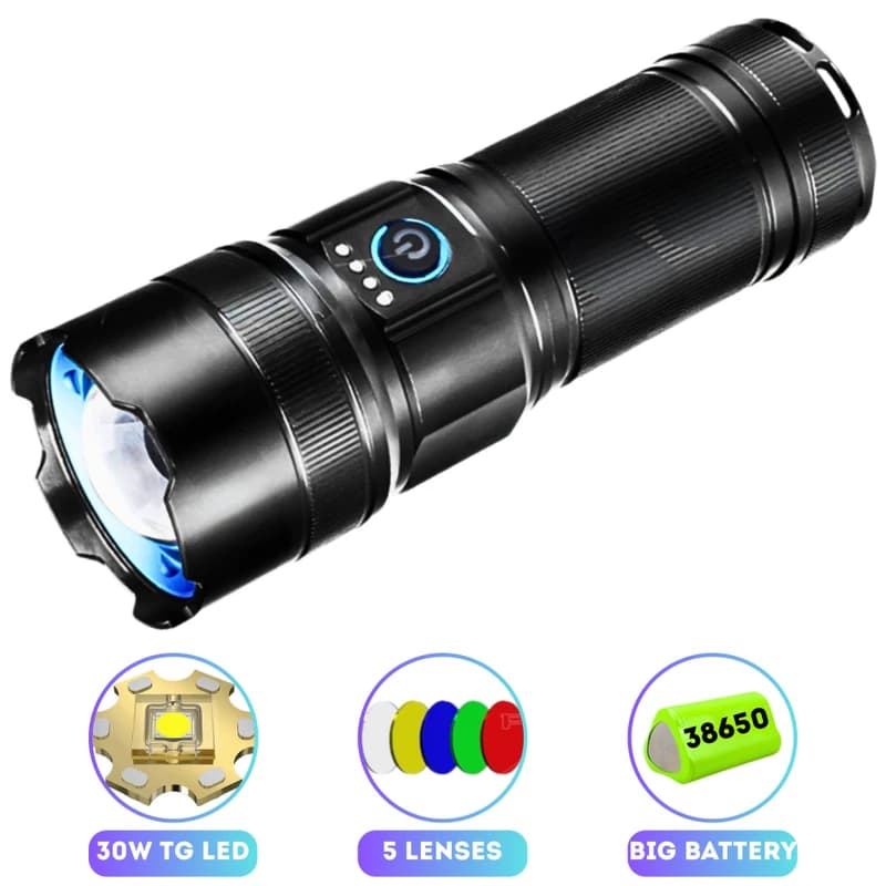 Ліхтар AK180 WHITE LASER LED PM30-TG, 1х38650, Power Bank, ЗП Type-C, zoom, 5 фільтрів — фото 1