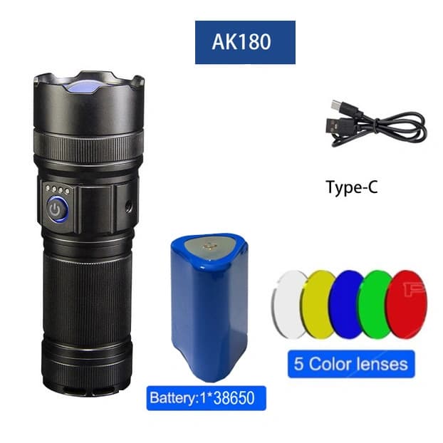 Ліхтар AK180 WHITE LASER LED PM30-TG, 1х38650, Power Bank, ЗП Type-C, zoom, 5 фільтрів — фото 7