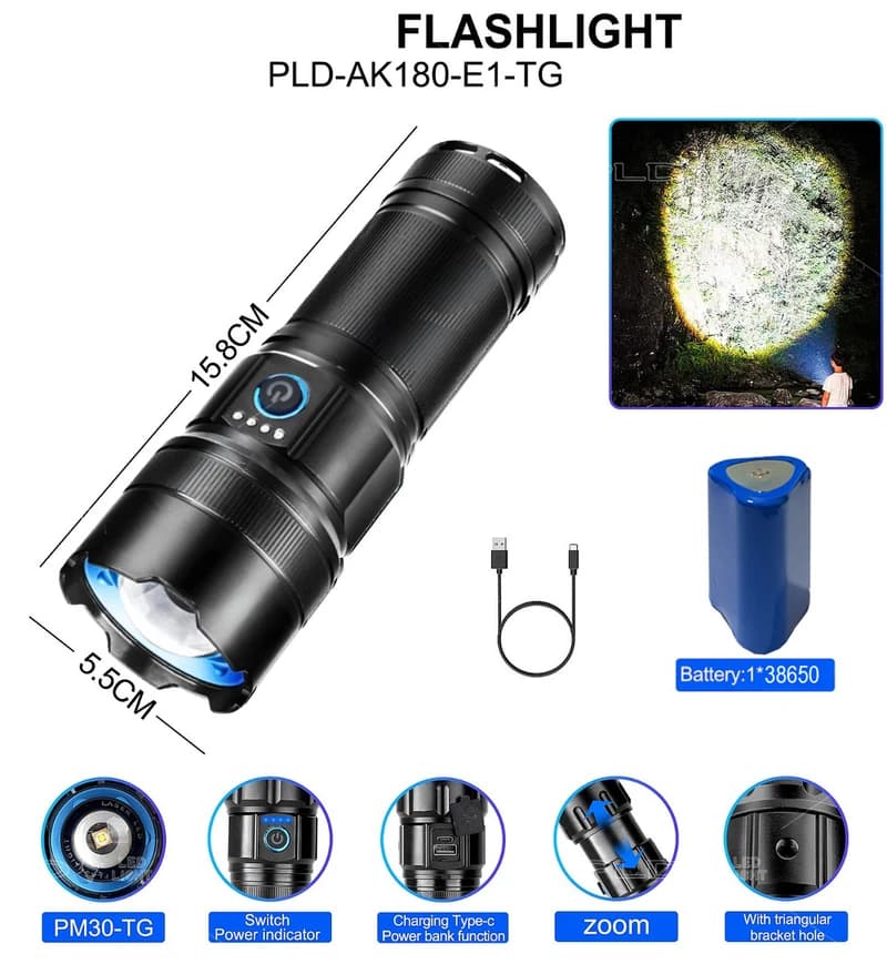 Ліхтар AK180 WHITE LASER LED PM30-TG, 1х38650, Power Bank, ЗП Type-C, zoom, 5 фільтрів — фото 8