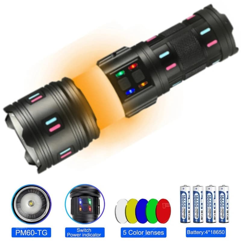 Ліхтар NIGHT VISION FLUORESCENCE AK178-1-WHITE LASER LED PM60-TG+COB, 4x18650, Power Bank, ЗП Type-C, zoom, 5 фільтрів — фото 1