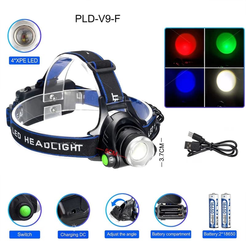 Ліхтар налобний PLD-V9-F-4XPE (WHITE+RED+BLUE+GREEN), 2x18650, ЗП Type-C, zoom, Box — фото 3