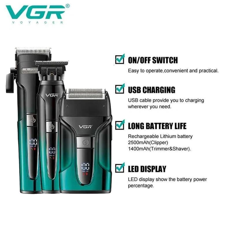 Комплект VGR 3 в 1 V-694 GREEN акумуляторна машинка для стриження (clipper), триммер та електробритва (шейвер) — фото 5