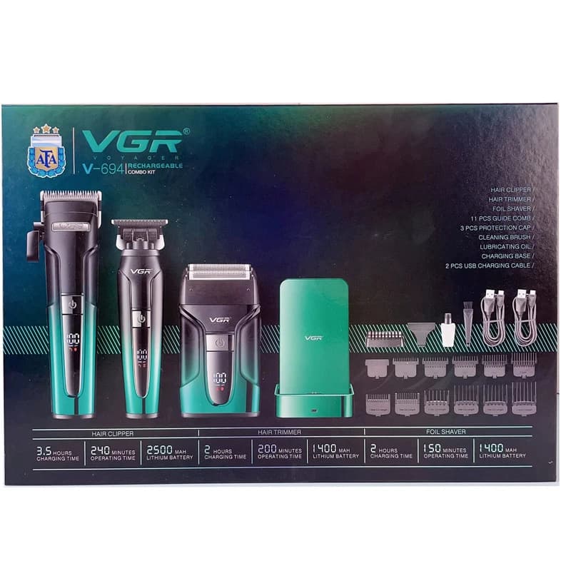 Комплект VGR 3 в 1 V-694 GREEN акумуляторна машинка для стриження (clipper), триммер та електробритва (шейвер) — фото 7