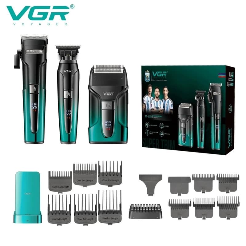 Комплект VGR 3 в 1 V-694 GREEN акумуляторна машинка для стриження (clipper), триммер та електробритва (шейвер) — фото 9