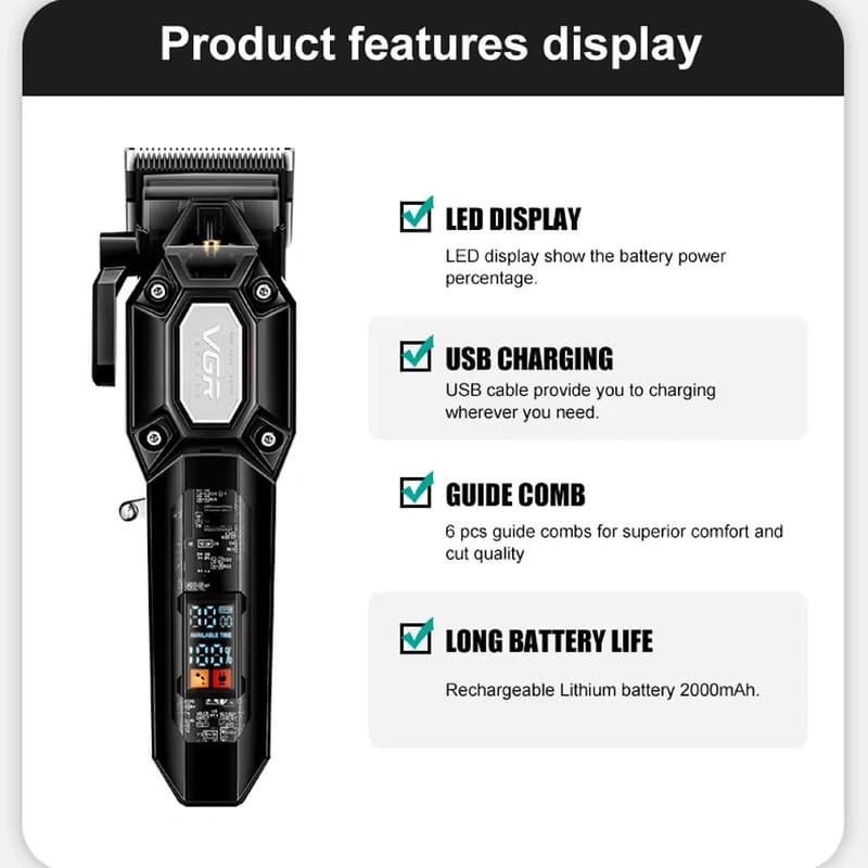 Акумуляторна машинка для стрижки (clipper) VGR V-600 BLACK, 6 насадок, регулятор висоти, LED display, 7000 RPM — фото 5