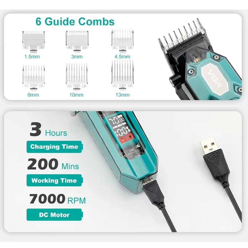 Акумуляторна машинка для стрижки (clipper) VGR V-600 BLACK, 6 насадок, регулятор висоти, LED display, 7000 RPM — фото 10