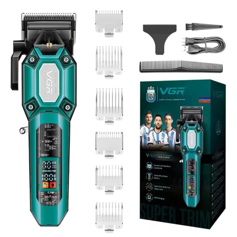 Акумуляторна машинка для стрижки (clipper) VGR V-600 GREEN, 6 насадок, регулятор висоти, LED display, 7000 RPM — фото 1