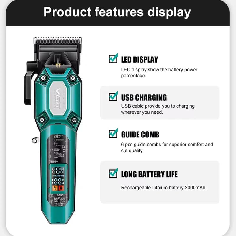 Акумуляторна машинка для стрижки (clipper) VGR V-600 GREEN, 6 насадок, регулятор висоти, LED display, 7000 RPM — фото 5