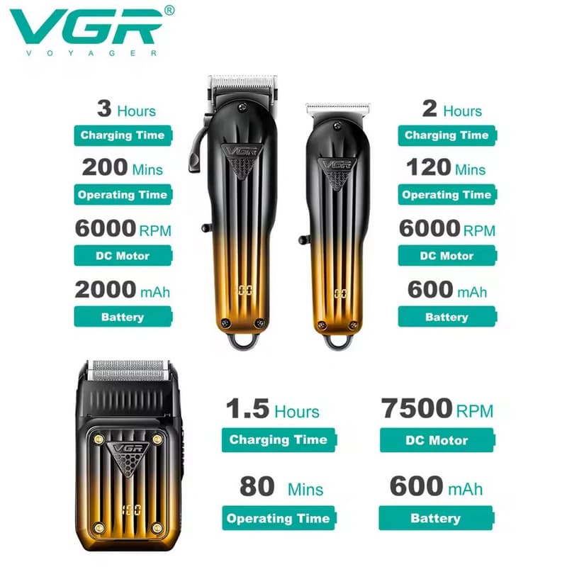 Комплект VGR 3 в 1 V-644 акумуляторна машинка для стриження (clipper), триммер та електробритва (шейвер) — фото 10