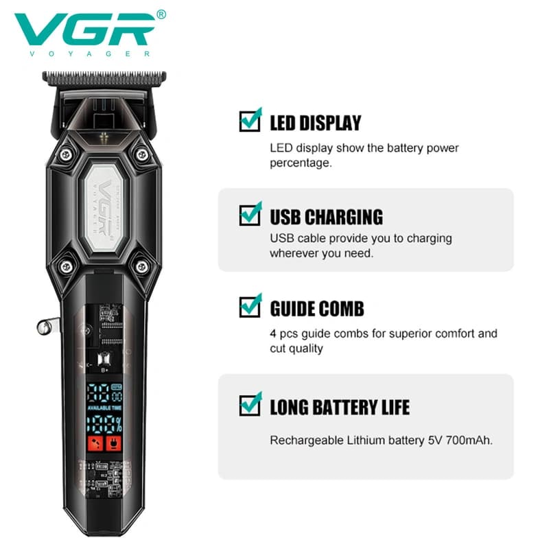 Тример VGR V-900 BLACK, 4 насадки, LED display, 7000 RPM — фото 5