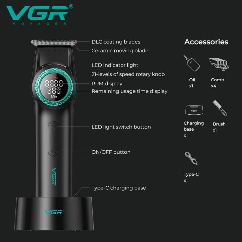 Тример VGR V-977 BLACK, регулювання потужності 6000 - 8000 RPM, 2500 mAh, 4 насадки, LED display — фото 5