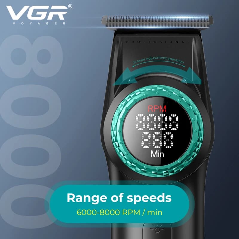 Тример VGR V-977 BLACK, регулювання потужності 6000 - 8000 RPM, 2500 mAh, 4 насадки, LED display — фото 6