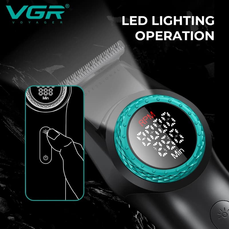 Тример VGR V-977 BLACK, регулювання потужності 6000 - 8000 RPM, 2500 mAh, 4 насадки, LED display — фото 7