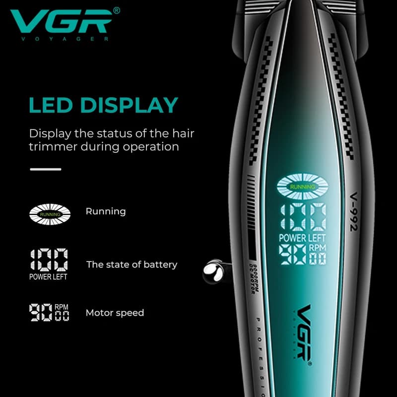 Тример VGR V-992 GREEN, 9000 RPM, 2000 mAh, 3 насадки, LED display — фото 4