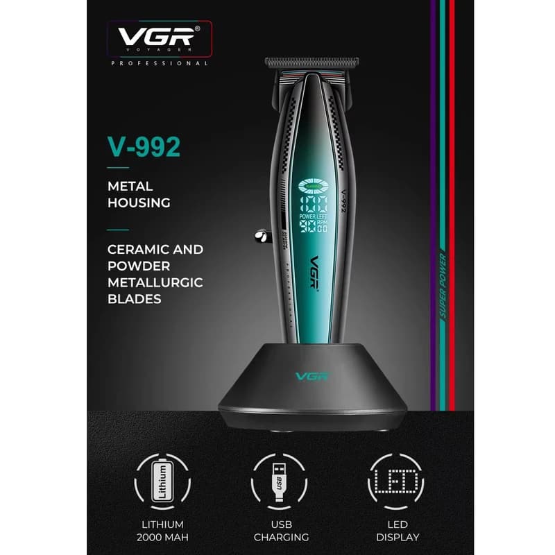Тример VGR V-992 GREEN, 9000 RPM, 2000 mAh, 3 насадки, LED display — фото 7