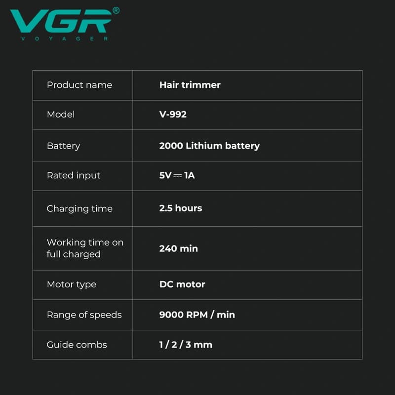 Тример VGR V-992 GREEN, 9000 RPM, 2000 mAh, 3 насадки, LED display — фото 8