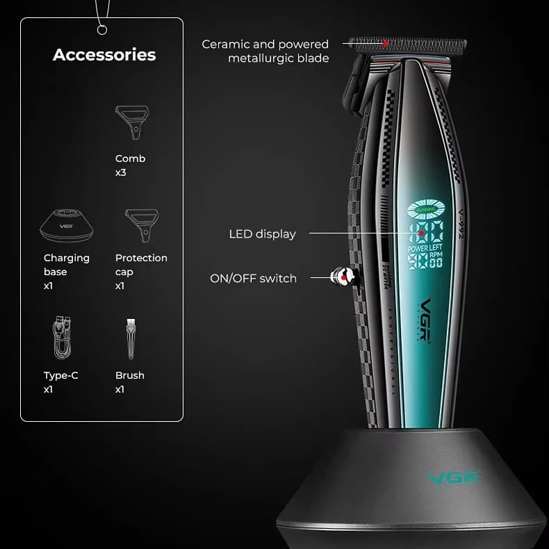 Тример VGR V-992 GREEN, 9000 RPM, 2000 mAh, 3 насадки, LED display — фото 10