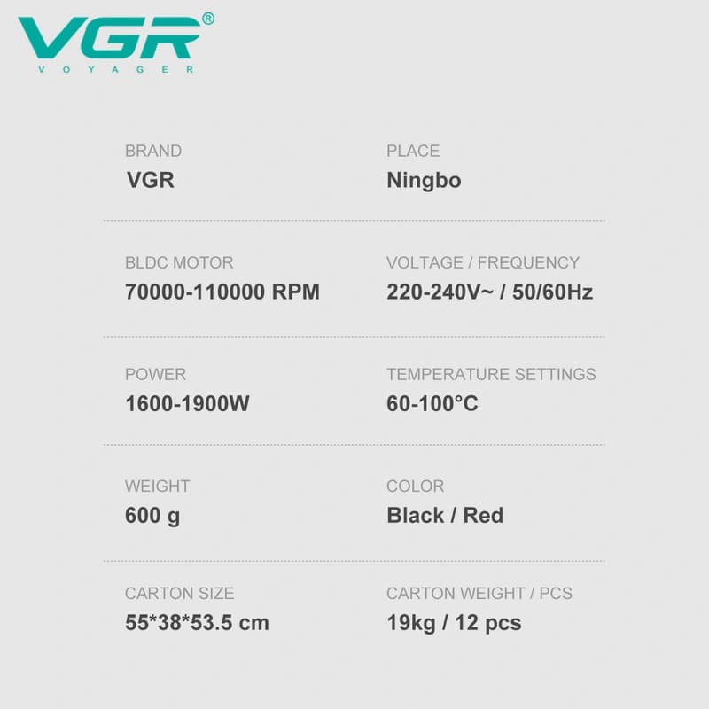 Фен професійний VGR V-401 RED, 40 рівнів обдування 70000 - 110000 RPM, 40 рівнів температури 60°C - 100°C, 3 насадки — фото 2