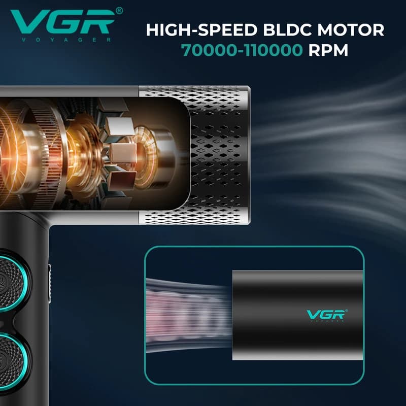 Фен професійний VGR V-401 RED, 40 рівнів обдування 70000 - 110000 RPM, 40 рівнів температури 60°C - 100°C, 3 насадки — фото 7
