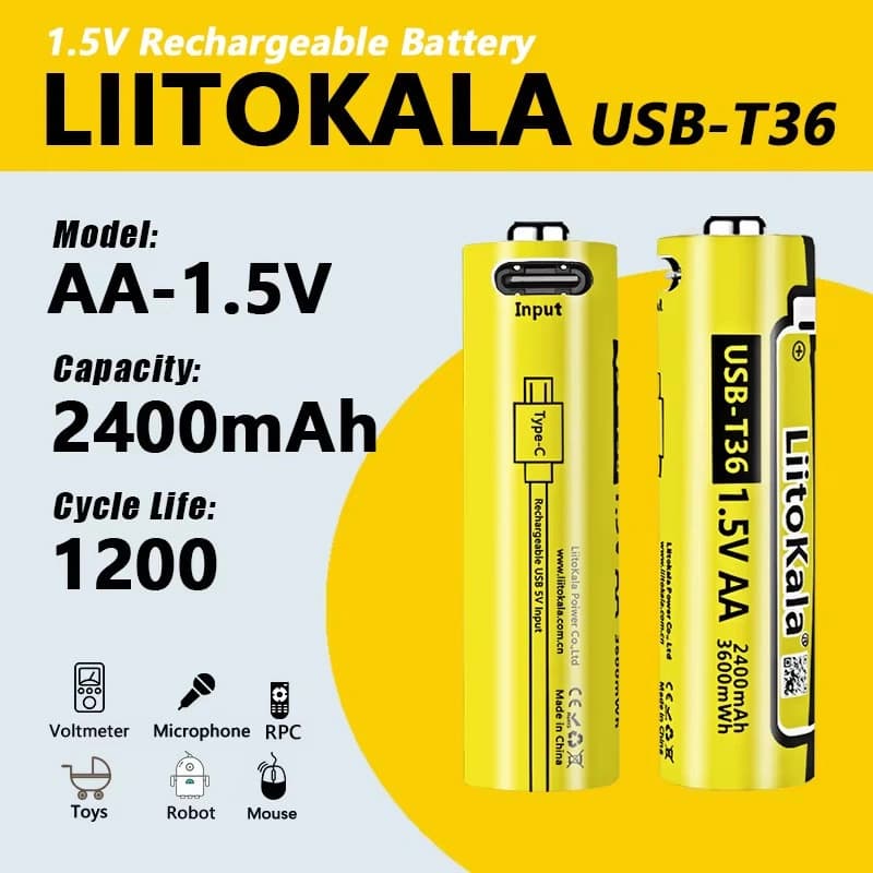 Акумулятор AA, LiitoKala USB-T36 1.5V, 2400mAh, ОРІГІНАЛ