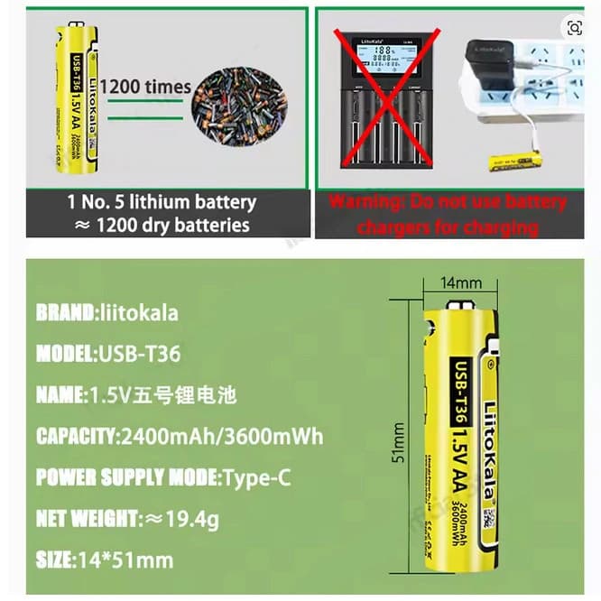 Акумулятор AA, LiitoKala USB-T36 1.5V, 2400mAh, ОРІГІНАЛ — фото 4