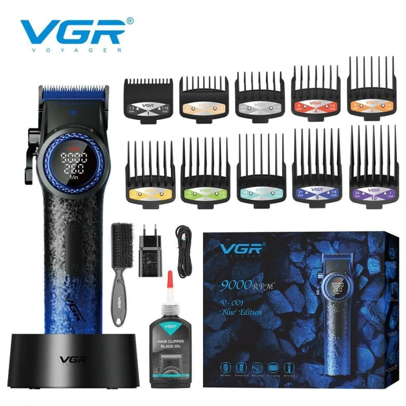 Акумуляторна машинка для стриження (clipper) VGR V-001 BLUE, 10 насадок, 9000 RPM, 4600 mAh, LED light, LED display — фото 1