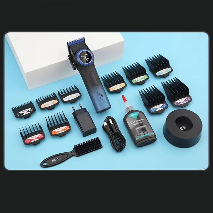 Акумуляторна машинка для стриження (clipper) VGR V-001 BLUE, 10 насадок, 9000 RPM, 4600 mAh, LED light, LED display — фото 2