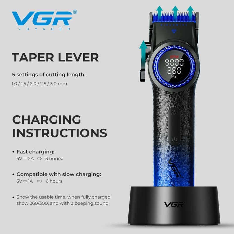 Акумуляторна машинка для стриження (clipper) VGR V-001 BLUE, 10 насадок, 9000 RPM, 4600 mAh, LED light, LED display — фото 4