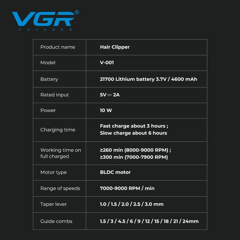 Акумуляторна машинка для стриження (clipper) VGR V-001 BLUE, 10 насадок, 9000 RPM, 4600 mAh, LED light, LED display — фото 6