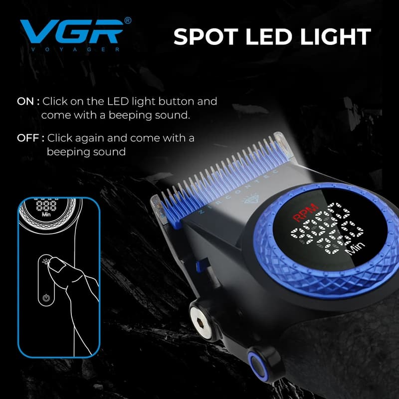 Акумуляторна машинка для стриження (clipper) VGR V-001 BLUE, 10 насадок, 9000 RPM, 4600 mAh, LED light, LED display — фото 8