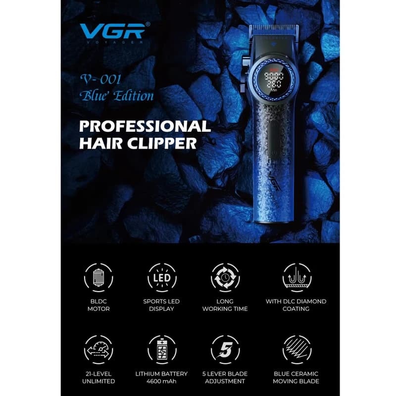 Акумуляторна машинка для стриження (clipper) VGR V-001 BLUE, 10 насадок, 9000 RPM, 4600 mAh, LED light, LED display — фото 9