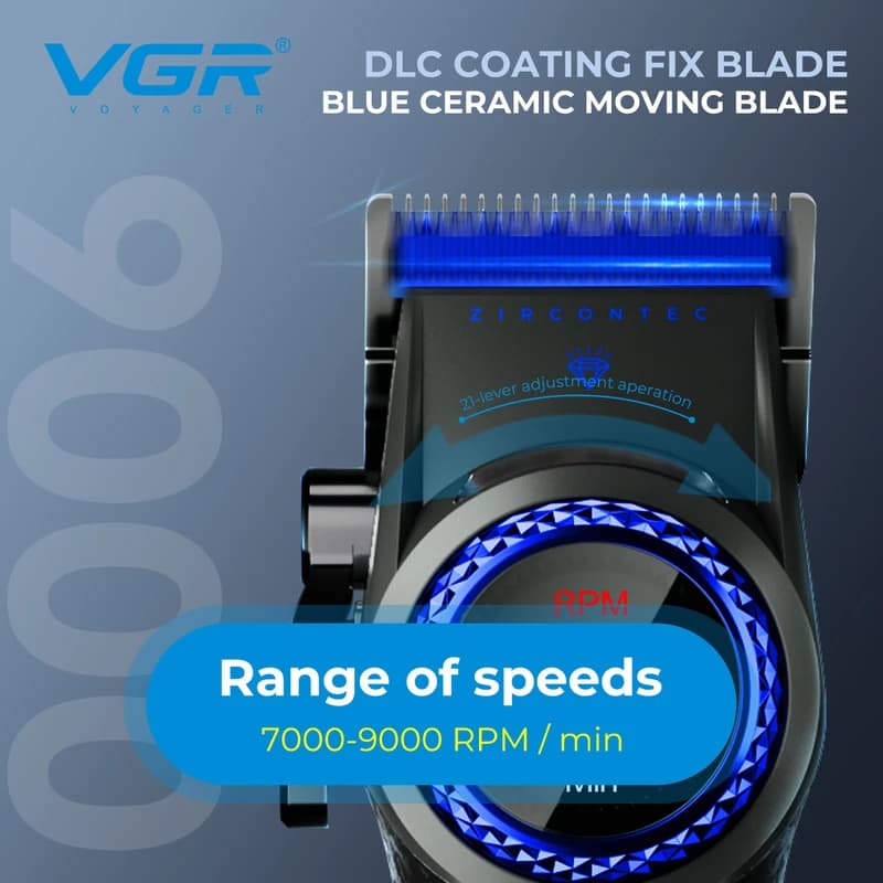 Акумуляторна машинка для стриження (clipper) VGR V-001 BLUE, 10 насадок, 9000 RPM, 4600 mAh, LED light, LED display — фото 10
