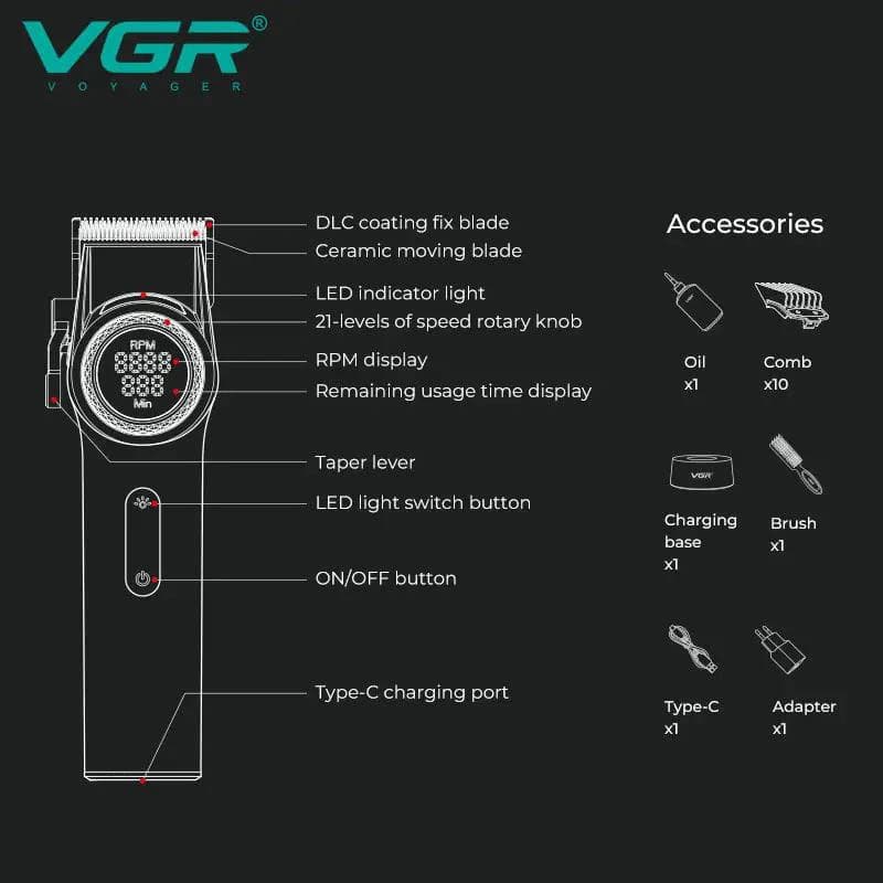 Комплект VGR 2 в 1 V-001&V-977 BLACK, акумуляторна машинка для стрижки (clipper) і тример — фото 4